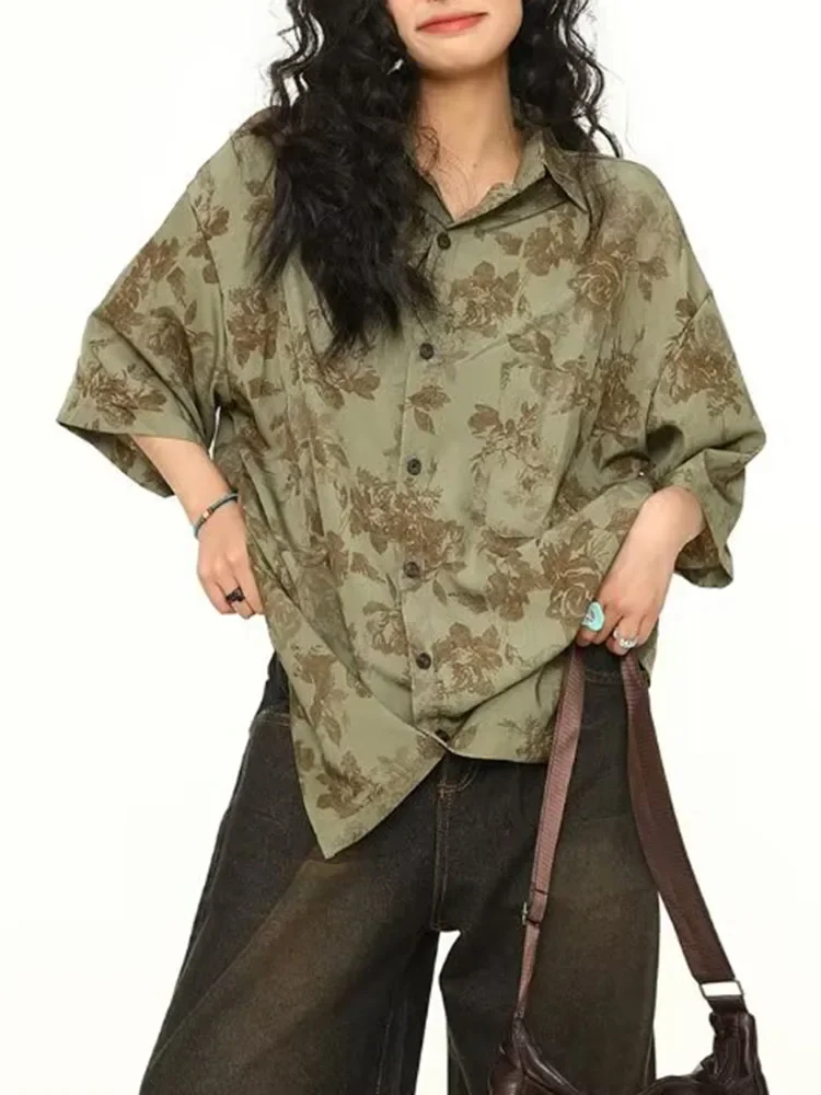 

Contrast Color Chic Printed Vintage Street Women Shirts Summer Classic Single Breasted Fashion Office Ladies Loose Female Shirts