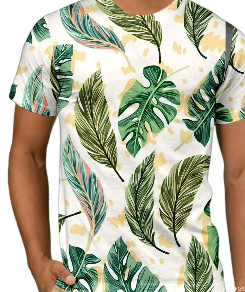 تي شيرت صيفي ممتع للرجال والنساء، تي شيرت بوليستر مطبوع عليه نباتات استوائية على شاطئ البحر، تي شيرت كاجوال برقبة دائرية