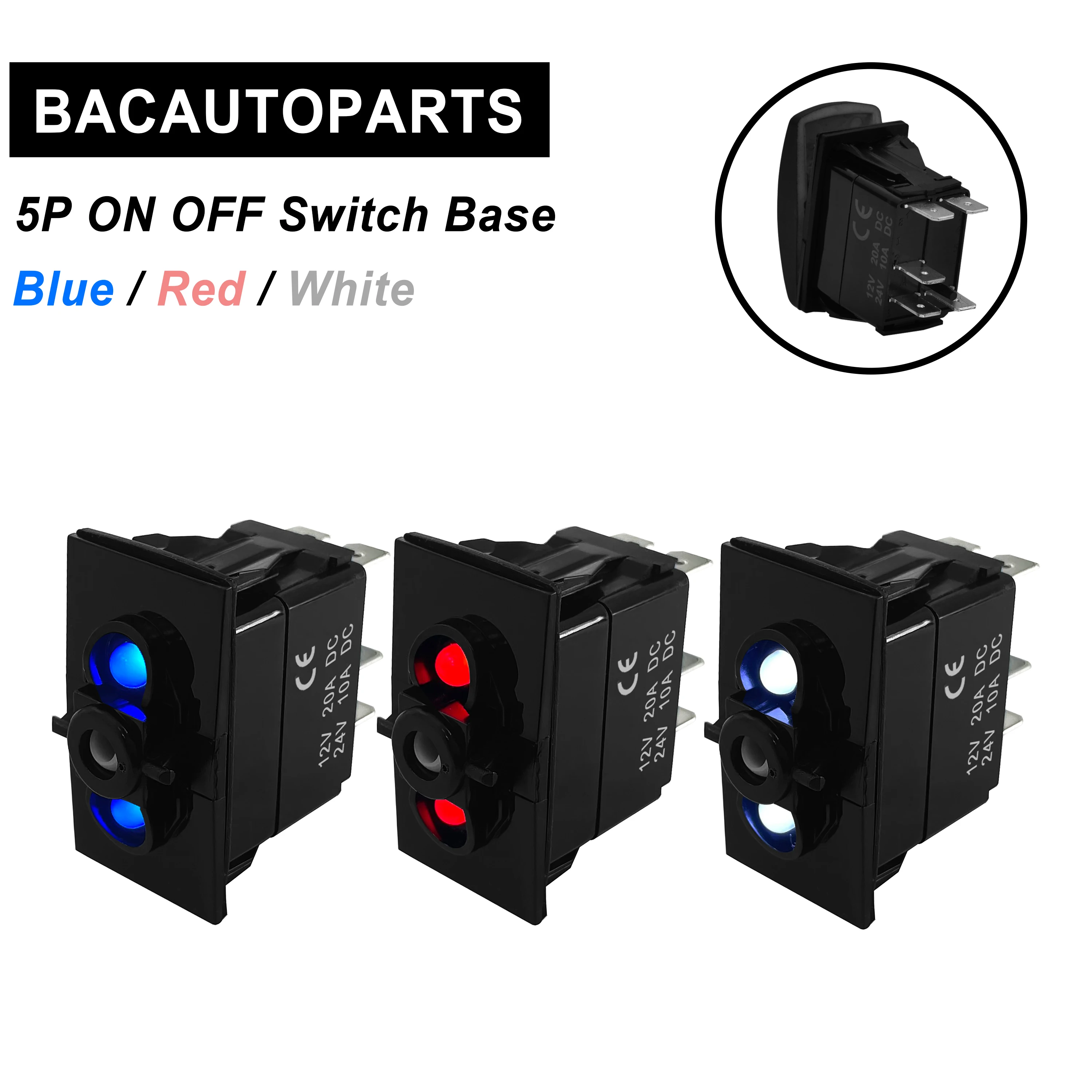 

SPST 5P ON OFF Red/Blue/White Dual Led Only Rocker Switch Base 12V For Car Marine Boat IP66 NARVA Carling ARB Style Auto Parts