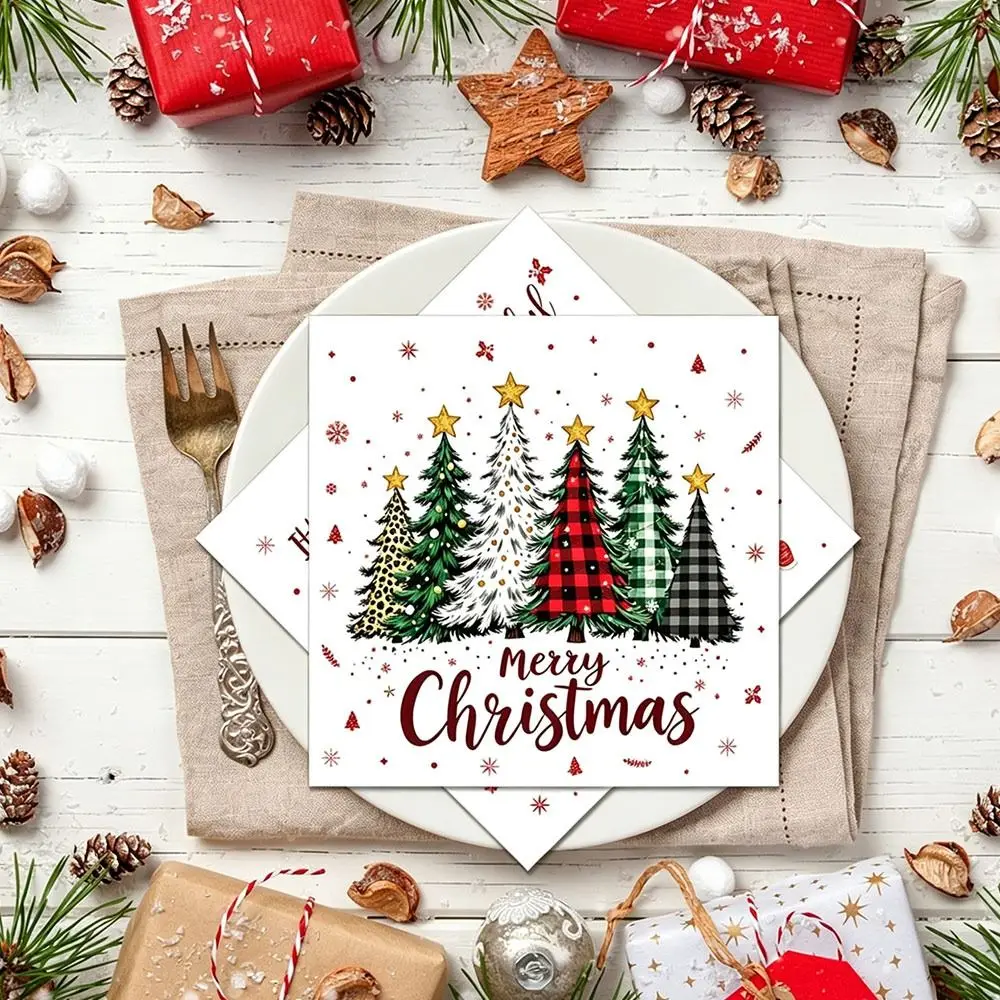 20Pcs Square Shape Christmas Paper Napkins Santa Snowman Christmas Tree Decorative Serviettes Paper Holiday Table Napkins