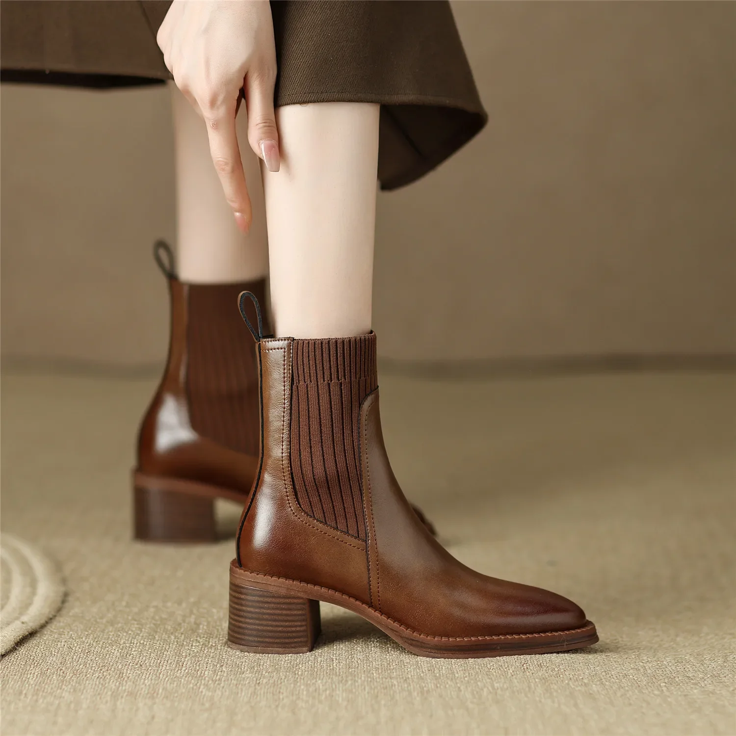 Ankle Boots Women 2024 Luxury Split Cowhide Upper Thick Heel Slip-on Brown Warm Bootie Fall Winter Handmade Genuine Leather Shoe