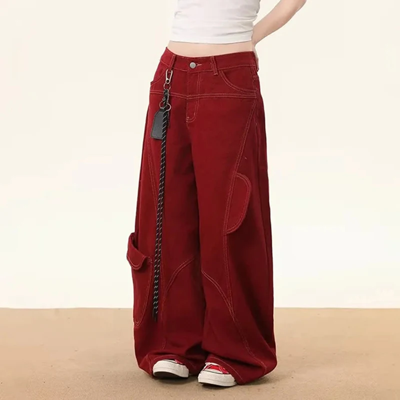 American Vintage Red Jeans Women High Waisted Deconstructed Street Wide Leg Pants Loose Casual Irregular Cargo Denim Pants