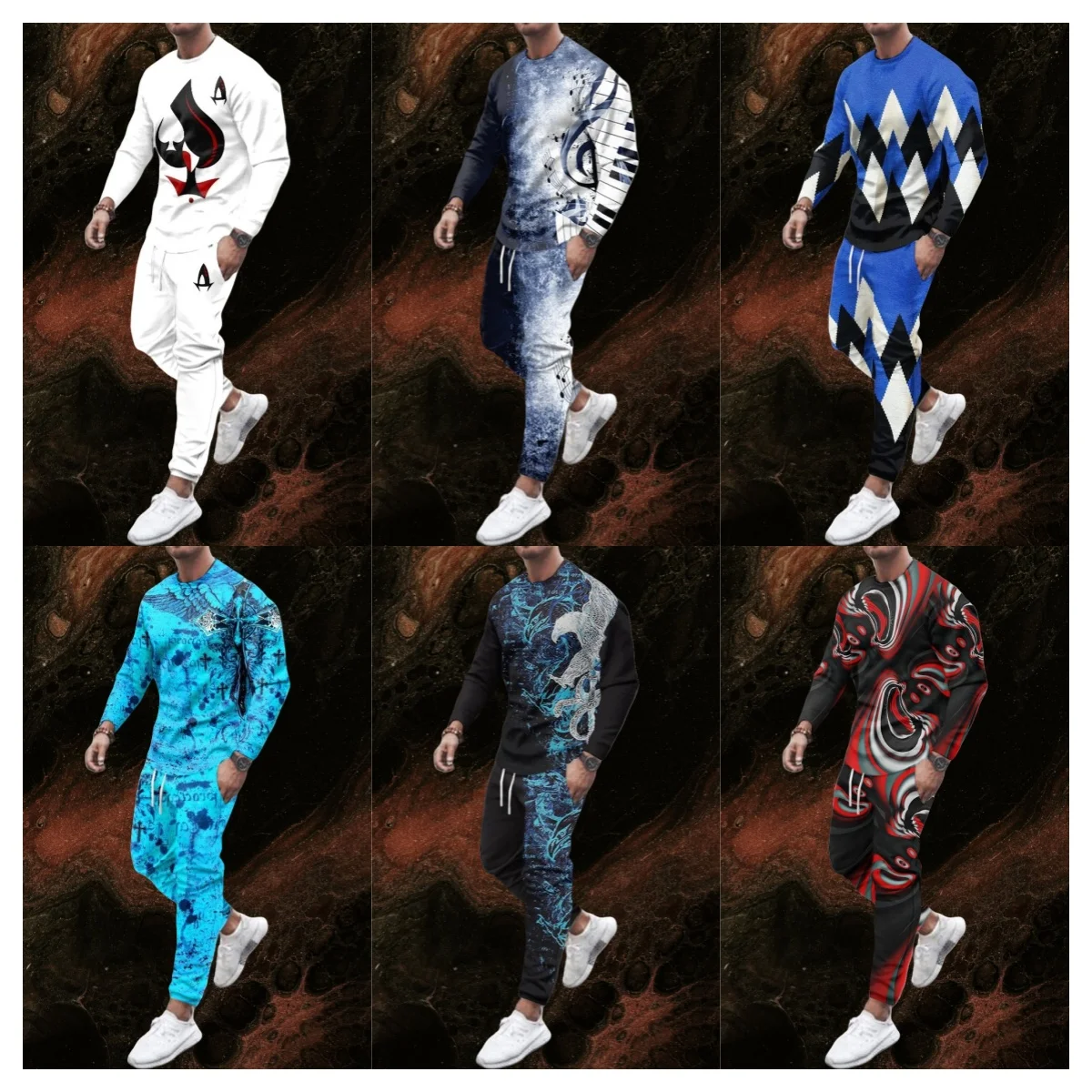 

Men's Casual Sportwear Round Neck Short Sleeve Long Sleeve Suit Summer Crisp Drawstring Trousers Fashion Ace Spades Print