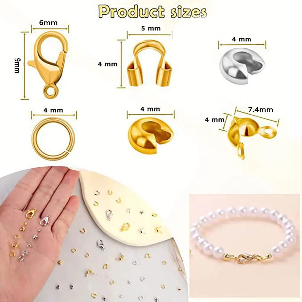 1set Stainless Steel End Crimps Beads Lobster Clasp Jump Rings Set for DIY Earrings Bracelet Necklace Jewelry Making Accessories