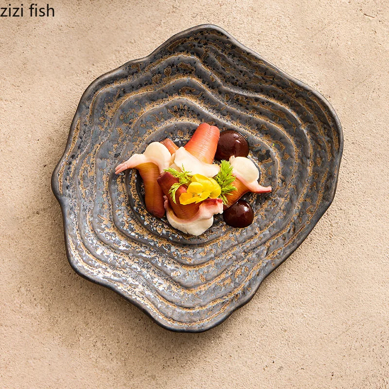 

Rusty Glazed Irregular Ceramic Plate Creative Sushi Dish Sashimi Plate Pasta Dish Serving Plate Molecular Cuisine Tableware