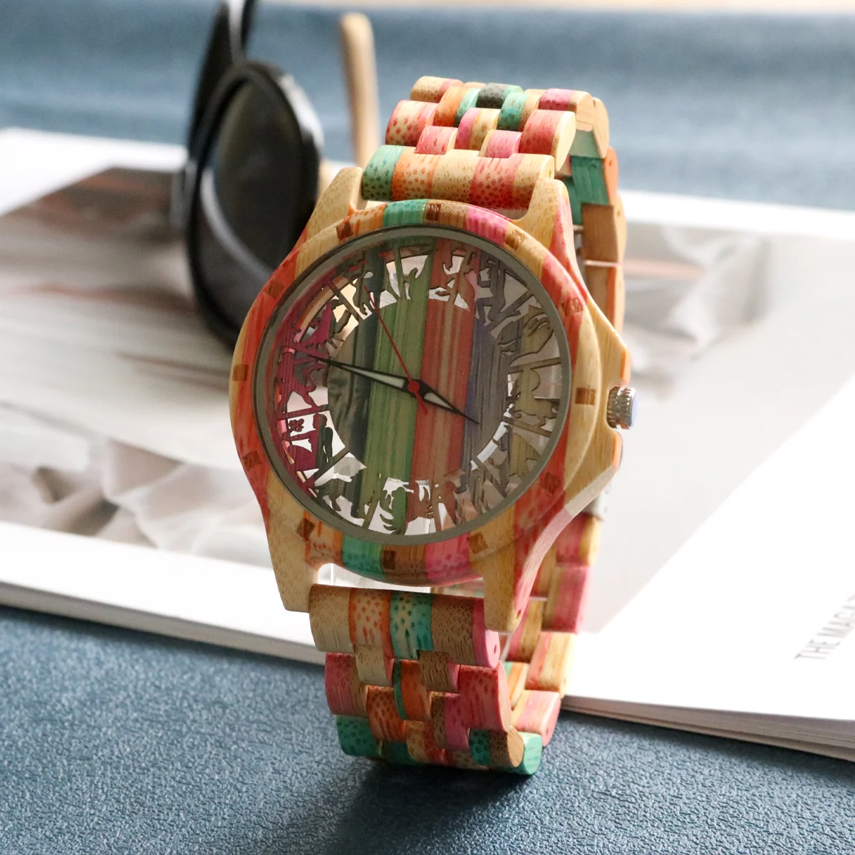 ساعة رجالية من الخيزران الملون، 12 كوكبة بمينا مجوف، ساعة يد كوارتز عصرية، ساعة خشبية للرجال، هدية للرجال