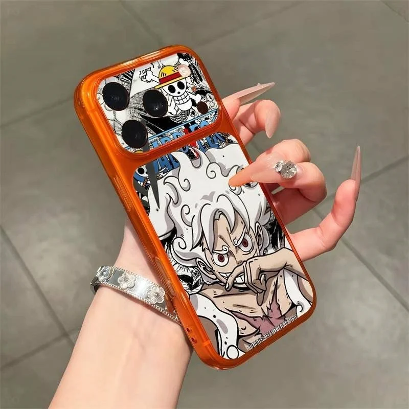 Cartoon One Piece Nika Luffy And Pirate Flag Big Camera Window Transparent Phone Case For iPhone 13 14 15 16 17 18 Pro Max Cover