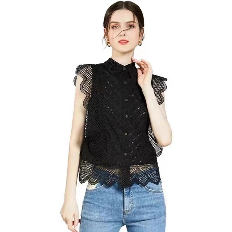 

Summer Flounce Short Sleeve Lace Chiffon Blouse Women's Hollow Out Design Tops Casual Fashion Loose Shirts Beach Wear