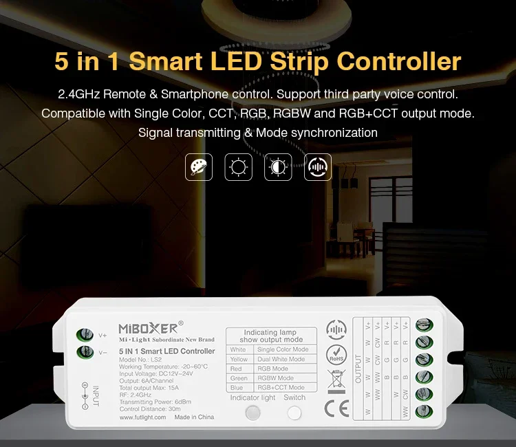 Miboxer LS2 5 in 1 LED Strip Controller 2.4GHZ 4 Zone/8-Zone RGBW/RGB+CCT Remote B4/B0/B8 Smart Panel Remote Controller