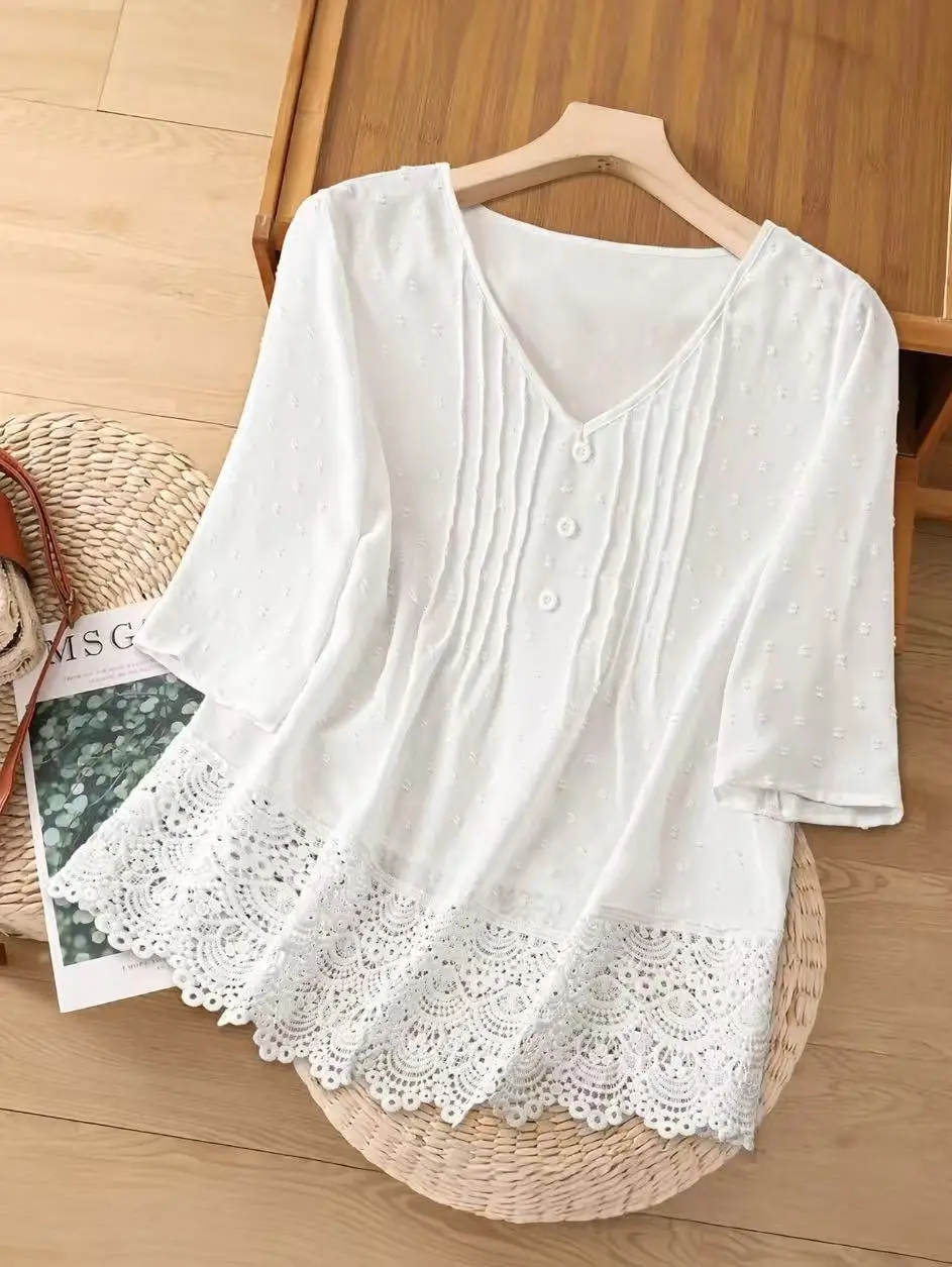 

Дышащая блузка с V-образным вырезом и кружевной отделкой, с рукавами до локтя, однотонная, свободного кроя, летний топ