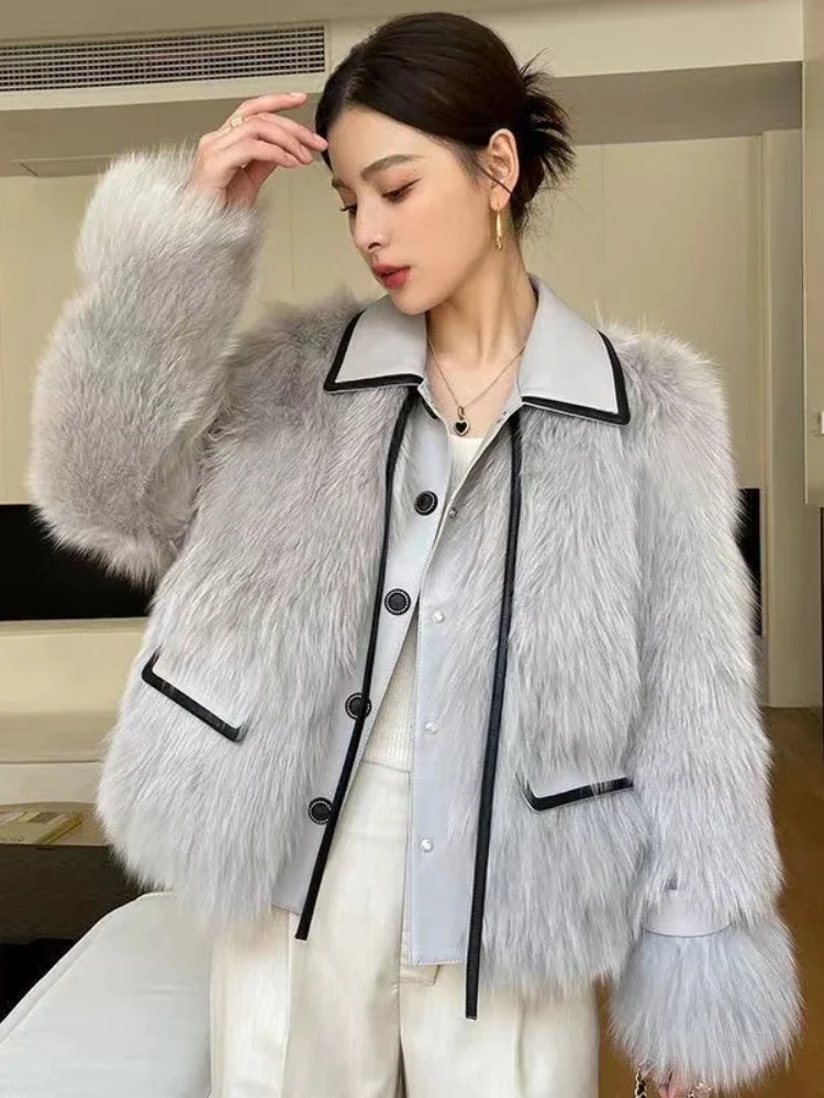 Autumn and Winter Fashion Series Women\'s New Fake Fur Coat Elegant Splicing Fur One Piece Loose Temperament Plush Fur Coat