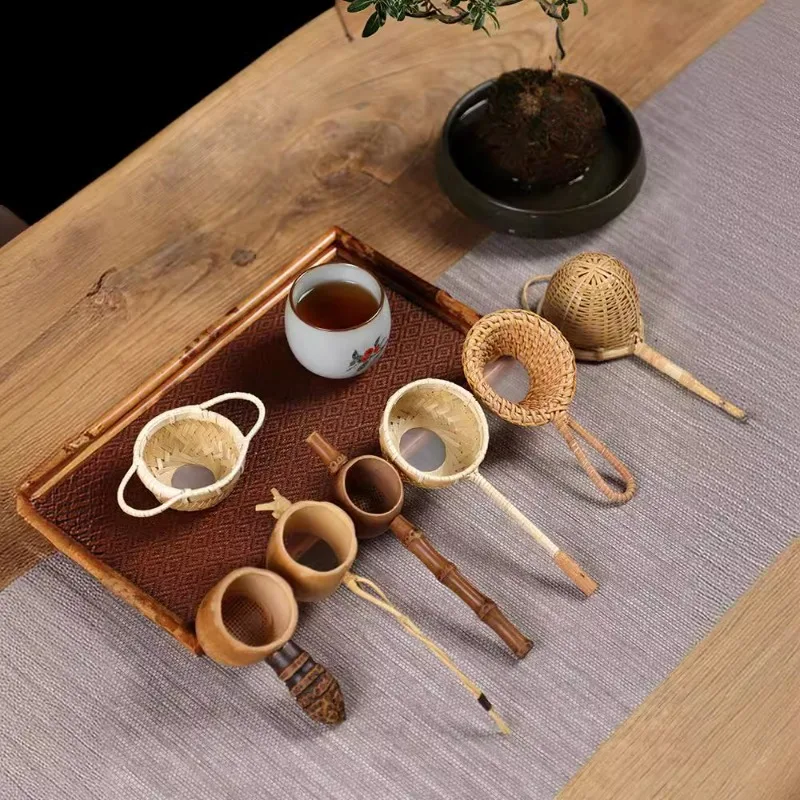 Bamboo Tea Strainer Traditional Kung Fu Tea Ceremony Utensils Japanese Rattan Wooden Tea Leaves Funnel Home Kitchen Sieving Tool