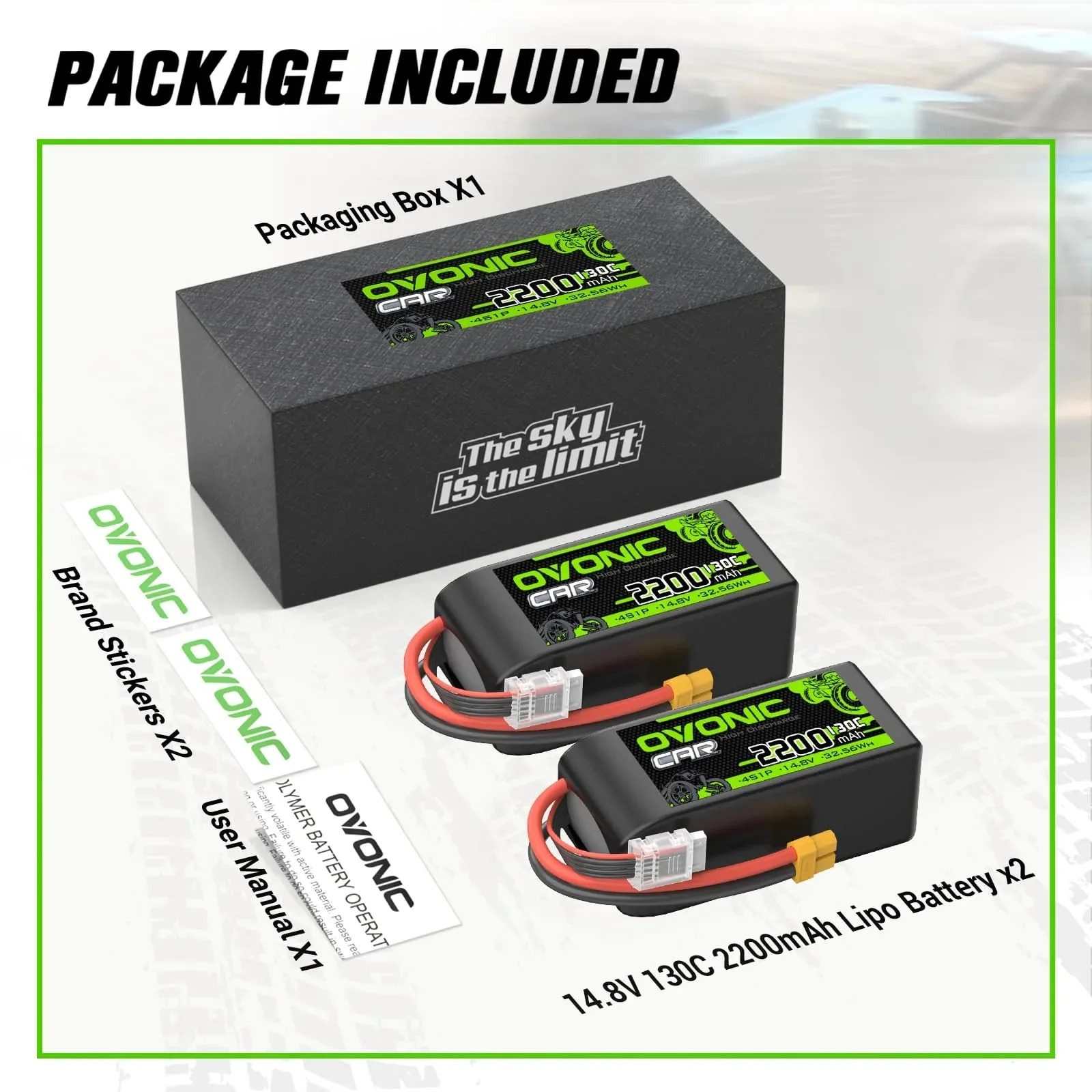 Ovonic 4S Short LiPo Battery, 14.8V 2200mAh 130C with XT60 Connector, Rechargeable RC Vehicle & Aircraft Battery for RC Cars, Airplanes and FPV Drones, 2-Pack