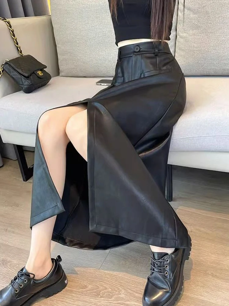 Sexy Slit Pu Long Skirt Women High Waist Slim Vintage Skirts Casual Fall Winter Lady Solid Retro American Streetwear Long Skirt