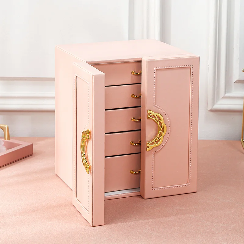 5-Drawer Faux Leather Jewelry Box, Soft Lined Interior, Golden Handles. Elegant Storage for Rings, Necklaces, Earrings.