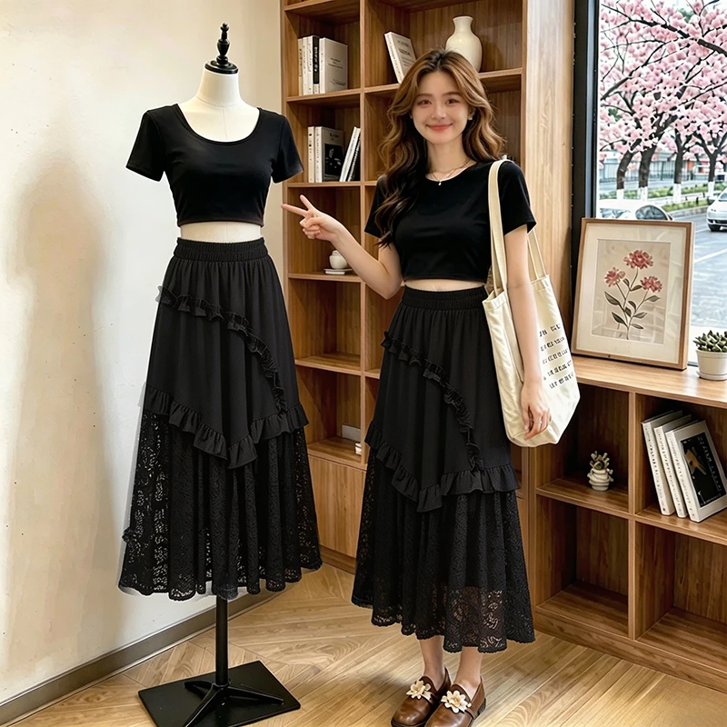 

Elegant Lace Splicing Cake Half Skirt A-Line Midi Skirt Summer New plus Size Women's Clothing Euro Style High Waist Skirt