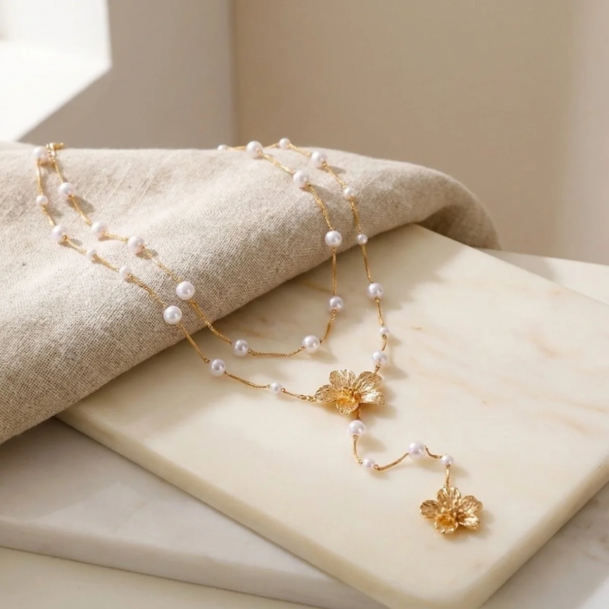 Französische Ästhetik Simulierte Perlenblumen-Anhänger-Halskette für Frauen Eleganter Metall-Blumen-Y-förmiger Choker Hochzeitsschmuck – Detail 25