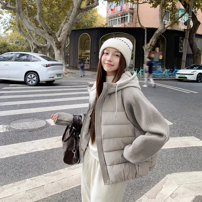 Women's Short Puffer Jacket with Knitted Sleeves & Hood, Winter Warm Sweater Texture, Casual Coat W2356
