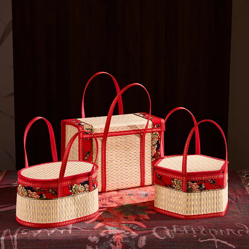 Eco-friendly Bamboo Woven Packing Box Chinese Wedding Party Gift Box Square/cylinder Lunch Bag Fordable Picnic Storage Bags