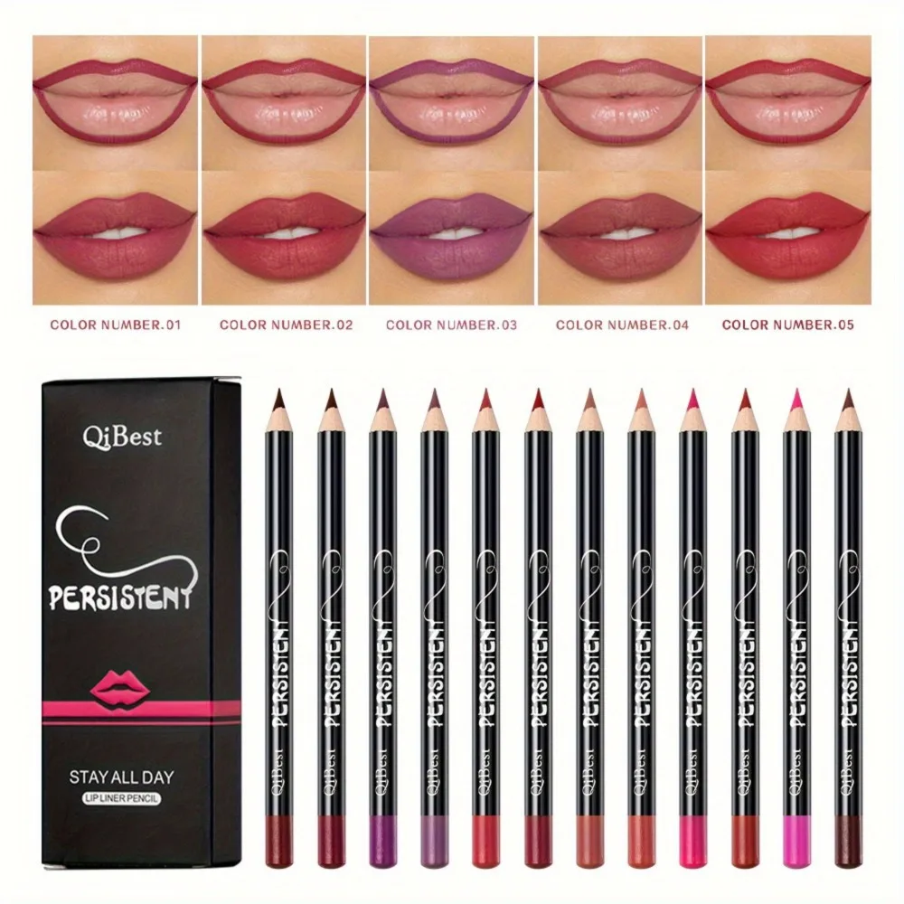 Conjunto de lápis de batom nude fosco, 12 cores, longa duração, à prova d'água, delineador labial de alta pigmentação, ferramentas de maquiagem labial