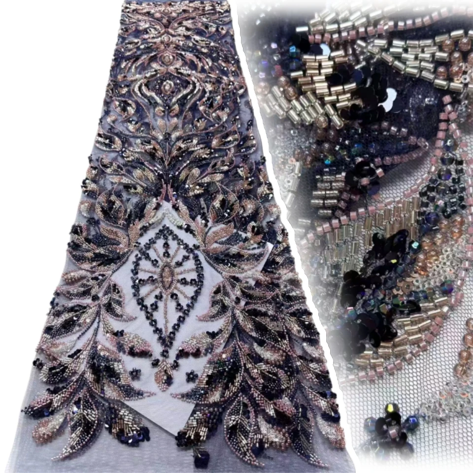 

Роскошная фиолетовая кружевная ткань ручной работы с тяжелым бисером, 2026, африканский нигерийский тюль, расшитая блестками, кружевная ткань, ткань Haute Couture 1812