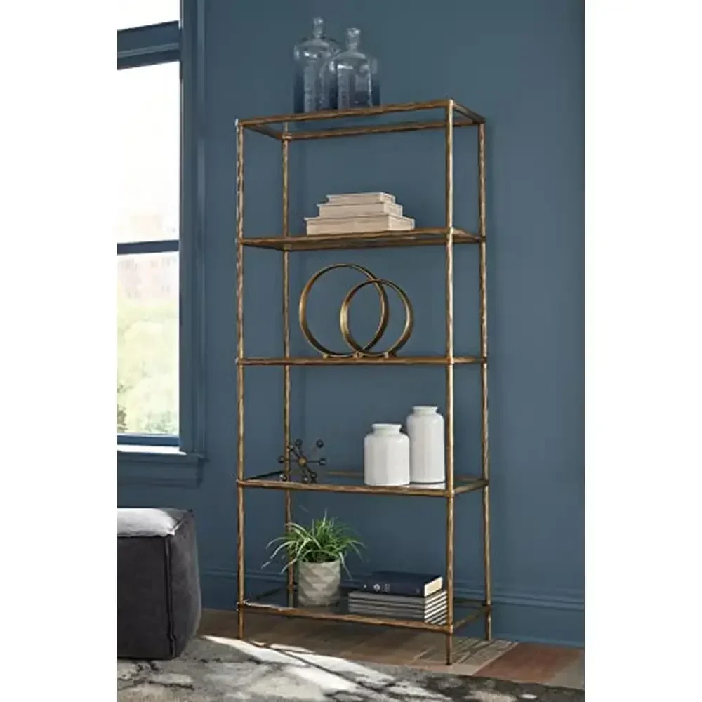 Modern Aluminum 5 Shelf Bookcase with Brass Finish Stylish Organization in Office Living Room Library Study Room Durable and