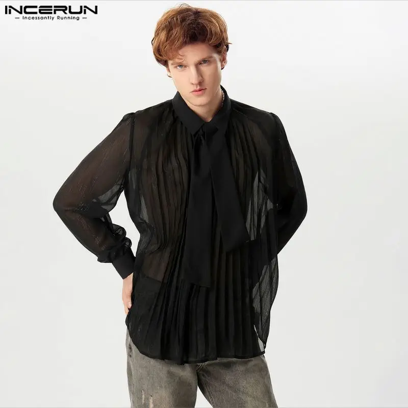 

INCERUN 2024 Men Sexy Shirt Mesh See Through Lapel Long Sleeve Tie Pleated Solid Party Men Clothing Tops Streetwear Camisas