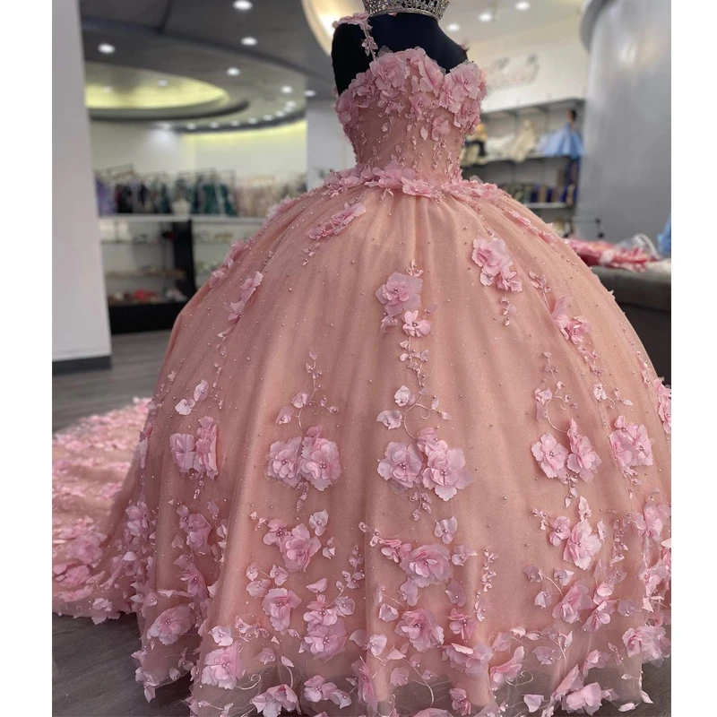 

Pink Sweetheart Quinceanera Dresses 3D Flower Sweet 16 Sexy Off-Shoulder Applique Lace Beading Birthday Princess Party Ball Gown