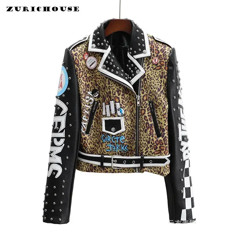 Punk Rivets Cropped Leather Jacket for Women 2024 Trend Streetwear Patchwork Leopard Print Faux Leather Motorcycle Jacket