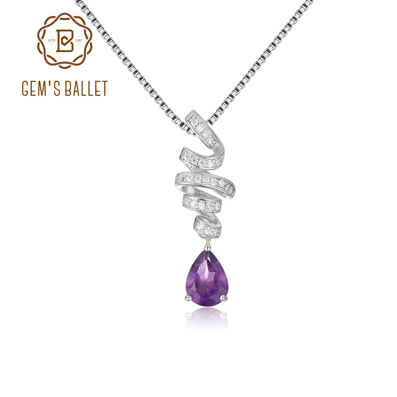 

GEM'S BALLET Ribbon Swirl Necklace 6x8mm Pear Shape Natural Amethyst Gemstone Necklace in 925 Stering SIlver Gift For Her