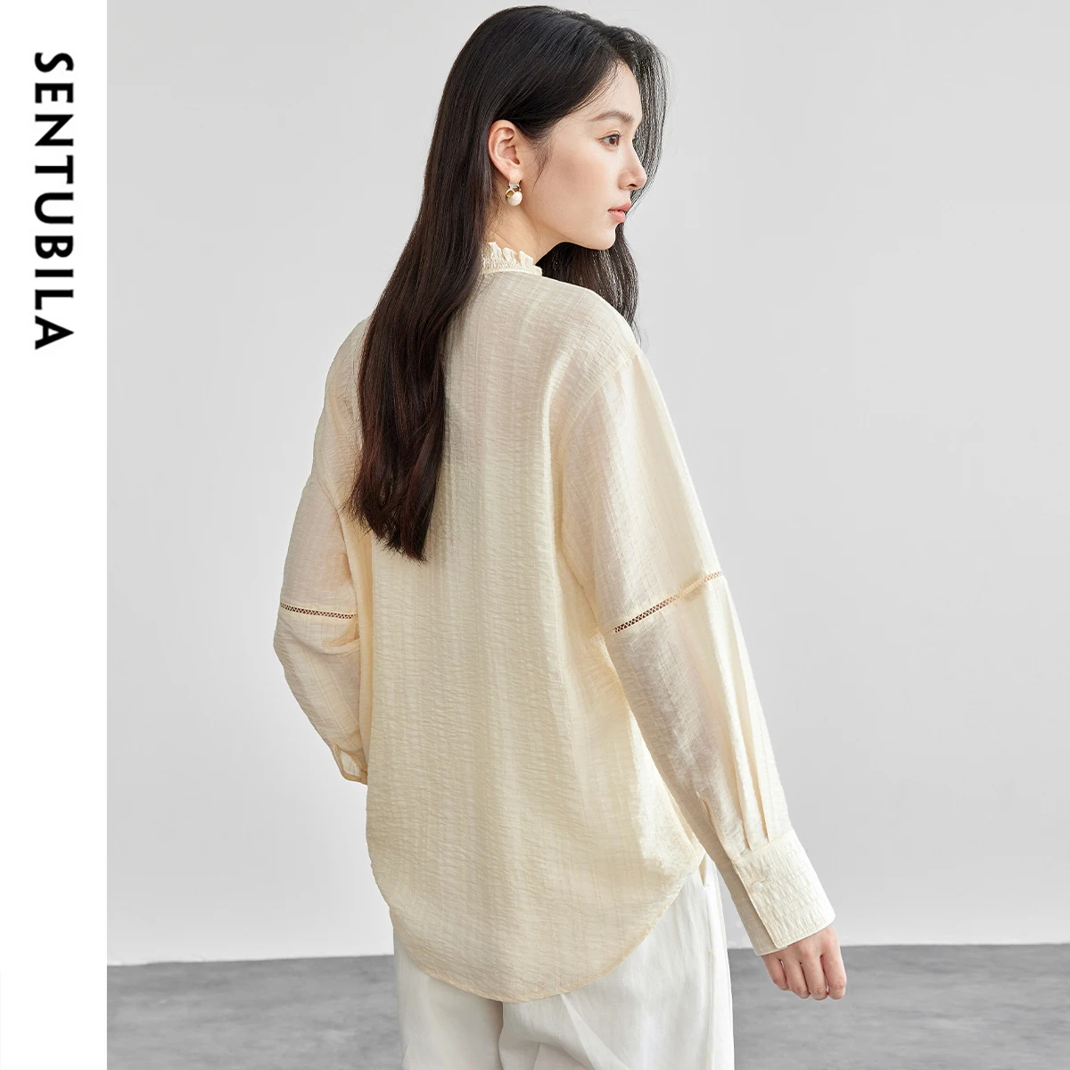 SENTUBILA Chinese Style Shirt Women 2025 Spring Lyocell Straight Ruffles V Neck Hollow Folds Long Sleeve Button Blouse 151C57678