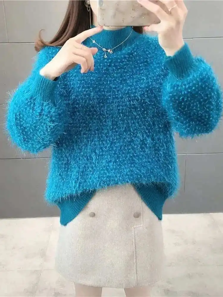 

Thiened Warm Women's Knitted Sweater Hooded Mink New Sle Autumn Winter Lazy Sle Loose Versatile Boting Knitwear