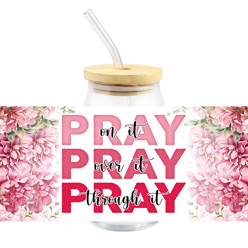 UV DTF Pink Pray Transfer Sticker DIY Waterproof For Cups On Over Through It Custom Decals Adhesive Clear Jar Bottle Stationery