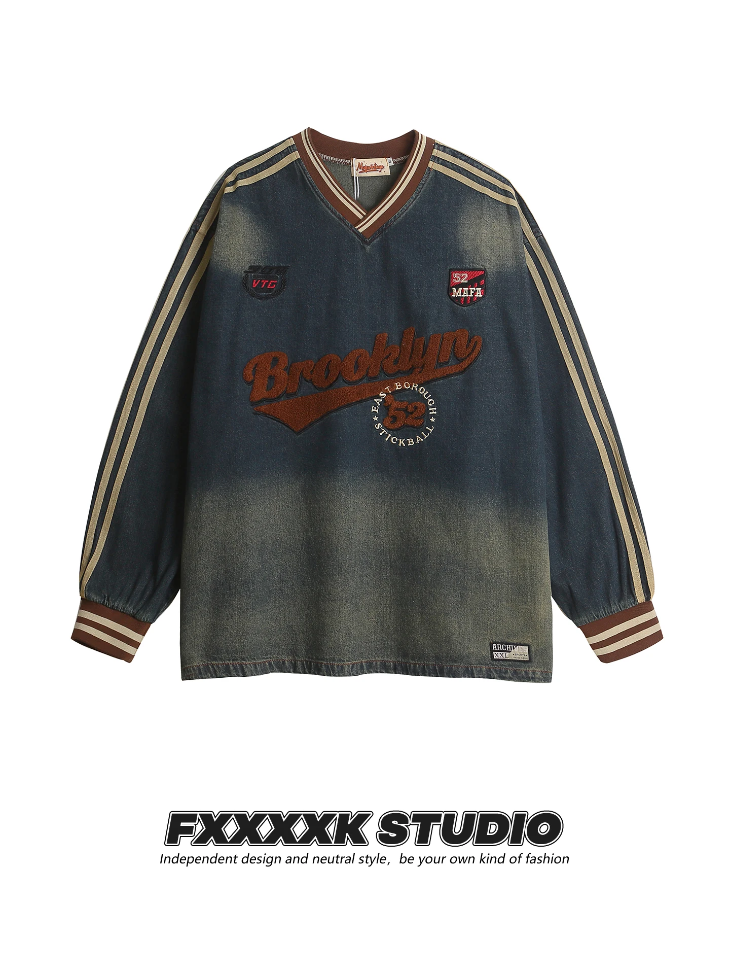 

FXK Оригинальная осенняя американская свободная повседневная джинсовая длинная толстовка с капюшоном в стиле ретро в стиле ретро V-Ne, модная хлопковая...