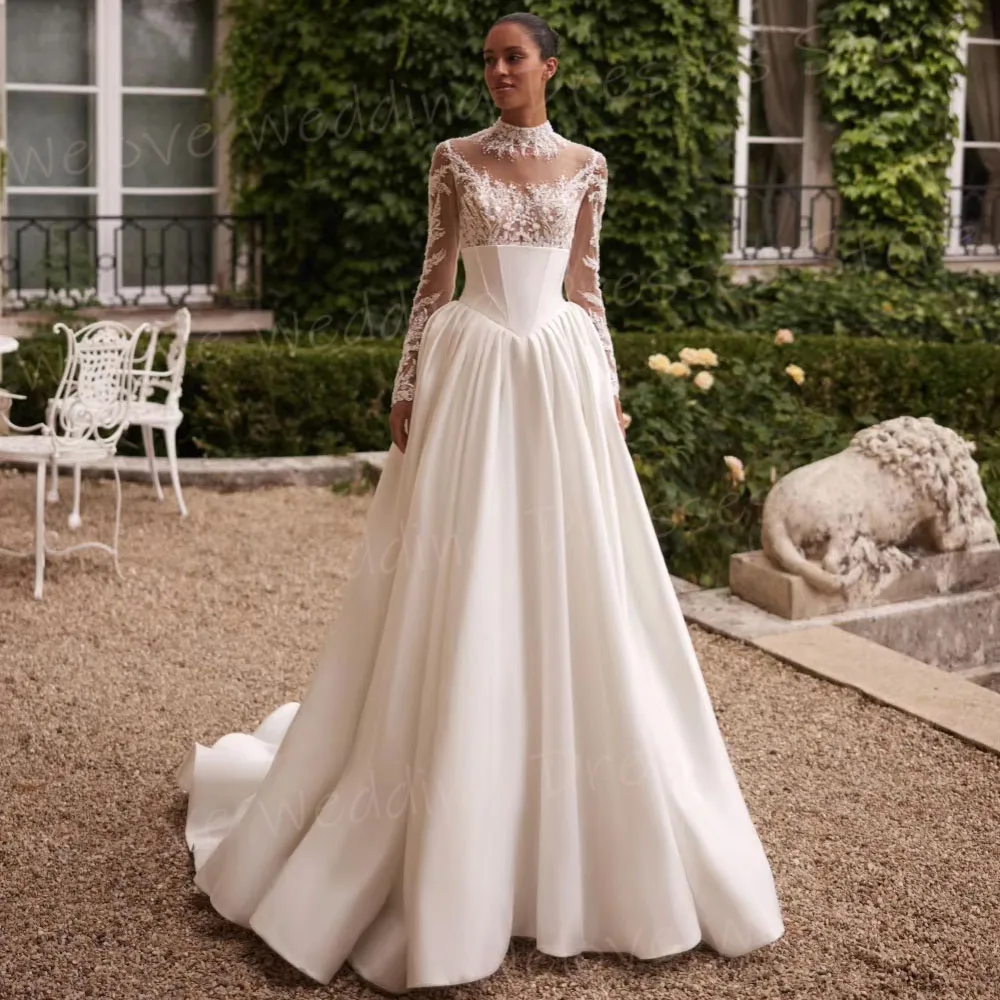 Charming A Line Women's Lace Appliques High Neck Satin Wedding Dresses Robe De Mariée Customized Bride Gowns Vestido De Novia