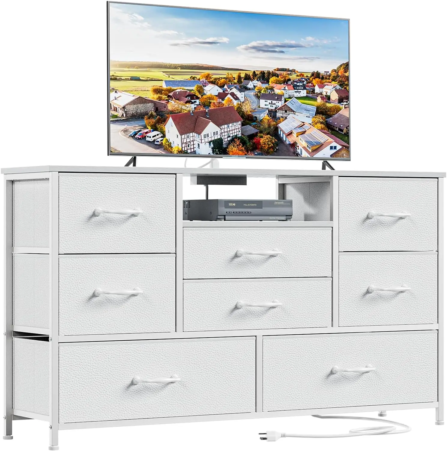 White Dresser for Bedroom, Wide Chest of Drawers with Power Outlet for 55