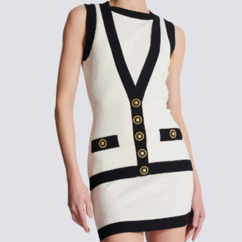 

EACA Temperament All Match V-neck Design Sense 2025 Spring/summer New Style Elegant Two-piece Sleeveless Single-breasted Dress