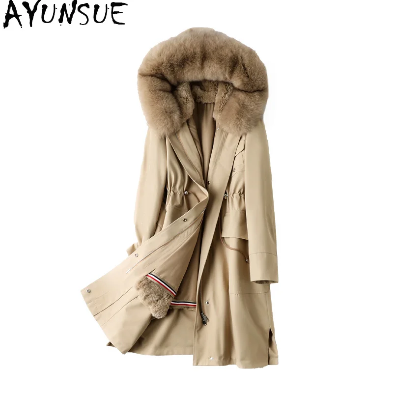 

Fox Fur Collar Fur Coat Women Mid-length Parkas Real Detachable Rex Rabbit Fur Liner Female Trench Coat Warm Fox Fur Coat Zm846