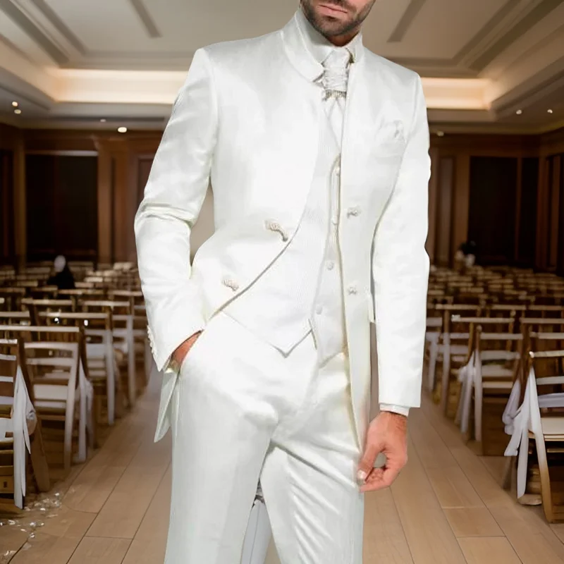 Trajes de túnica larga blanca Vintage para hombre, esmoquin de boda para novio con cuello levantado, conjunto de traje de moda para hombre de 3 piezas, chaqueta, chaleco y pantalones