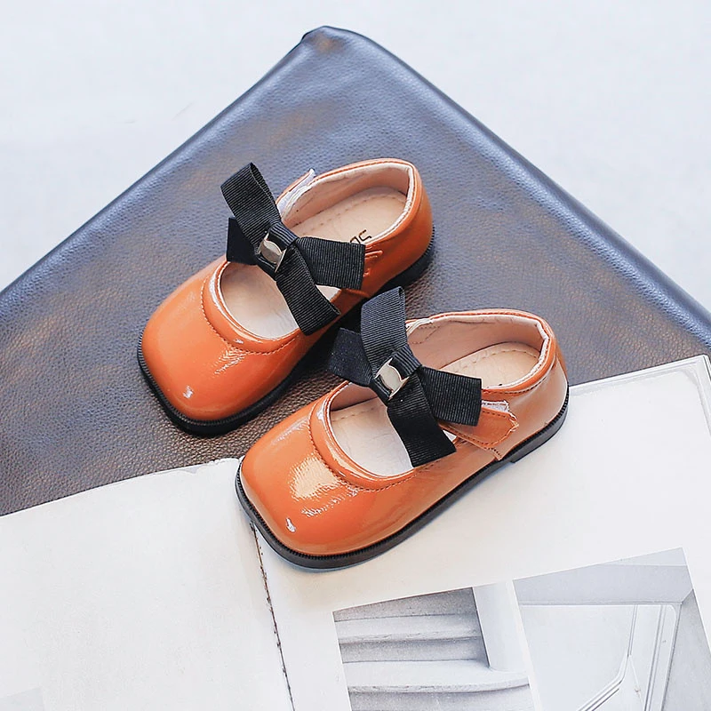 Orange Girls Fashion Leather Shoes New Spring 2023 Blue Soft Bottom Student Shoes Pure Color Sheet Kid's Flats Bow