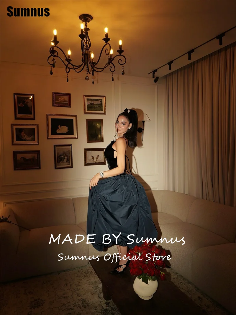 Sumnus elegante a linha vestido de baile veludo preto cinta espaguete midi formal vestido de noite gala robes de soirée personalizado
