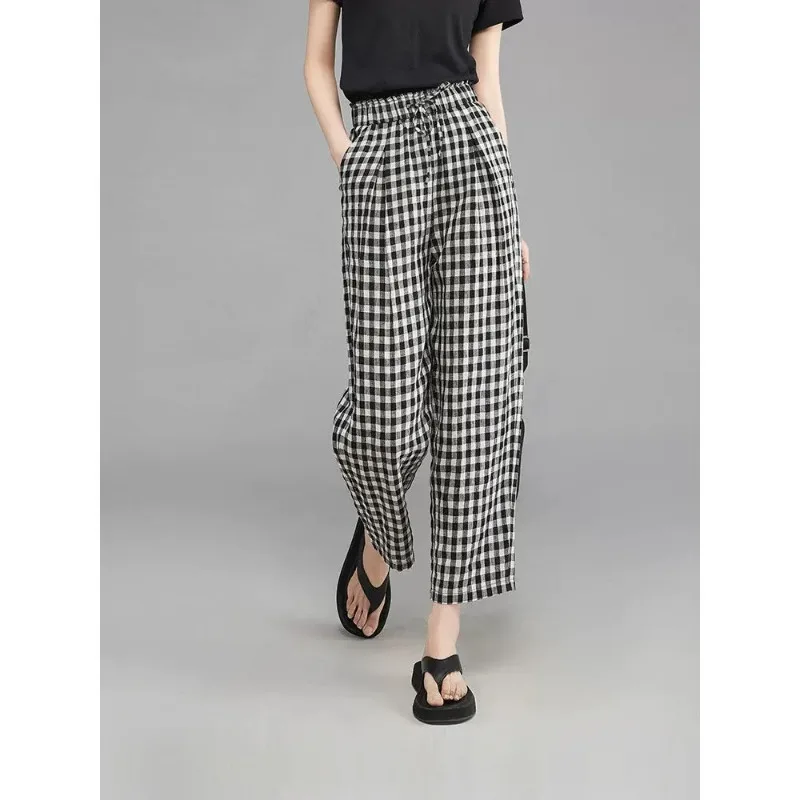 

Высококачественные клетчатые брюки с девятью точками, ультралегкие, тонкие, 2025 г., новые, свободные, универсальные, с эластичной резинкой на талии