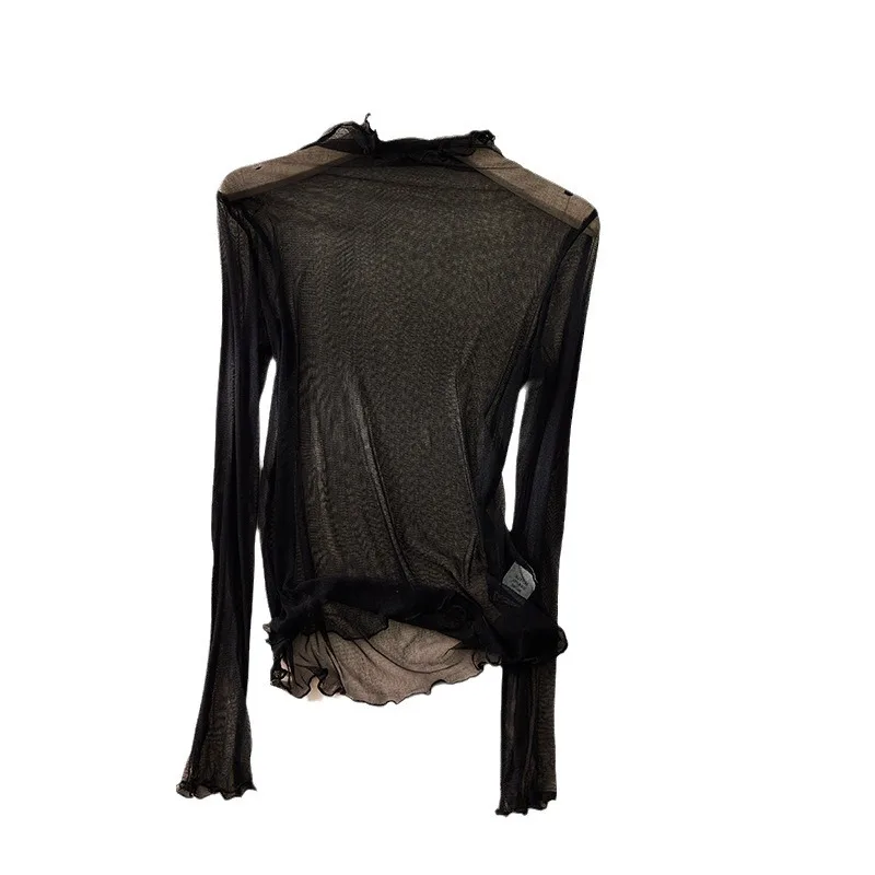 100% Mulberry Silk Slightly Transparent Semi-turtleneck Mesh Sunscreen Shirt for Women
