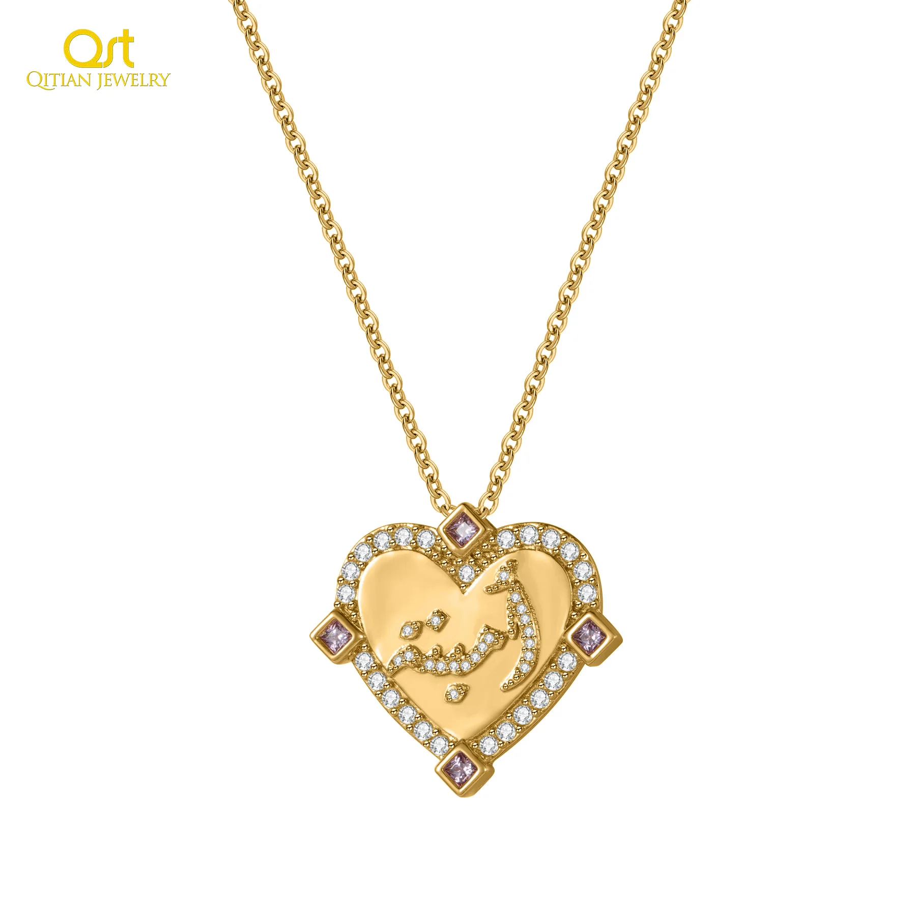 Qitian Custom 3d Arabic Name Cz Diamond Pink Necklace Accent Heart Personalized Islamic Calligraphy Pendant Muslim Jewelry Gift