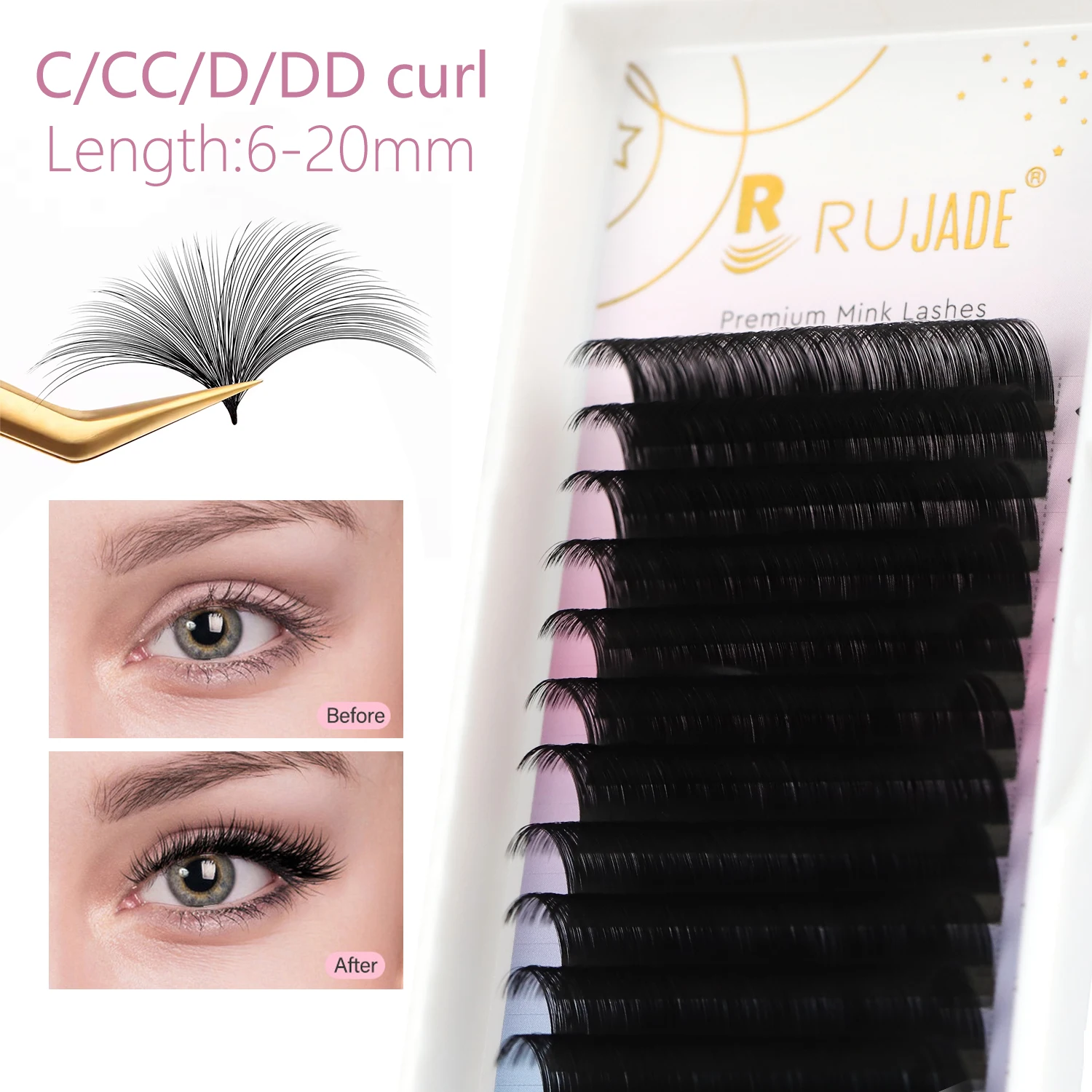 

RUJADE 6-25mm Normal Fanning Russian Volume Eyelashes Extension Natural Soft Classic Individual Cashmere Eyelash Lashes Tray