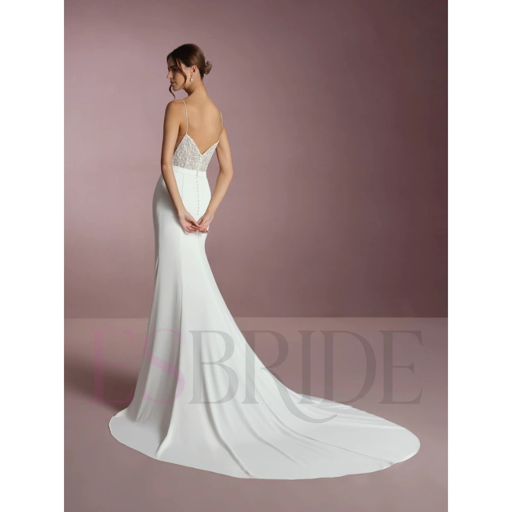 ESBRIDE Abito da sposa Bianco con scollo a cuore senza schienale senza maniche lungo fino al pavimento Abito da sposa Abito a sirena Abito bianco per matrimonio civile
