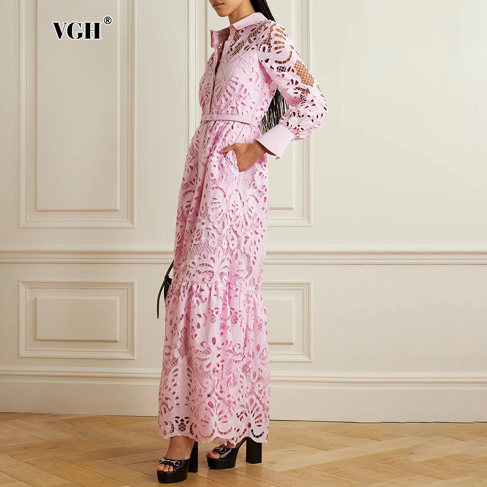 

VGH Temperament Solid Hollow Out Spliced Belt Dresses For Women Lapel Long Sleeve High Waist Elegant Embroidery Dress Female