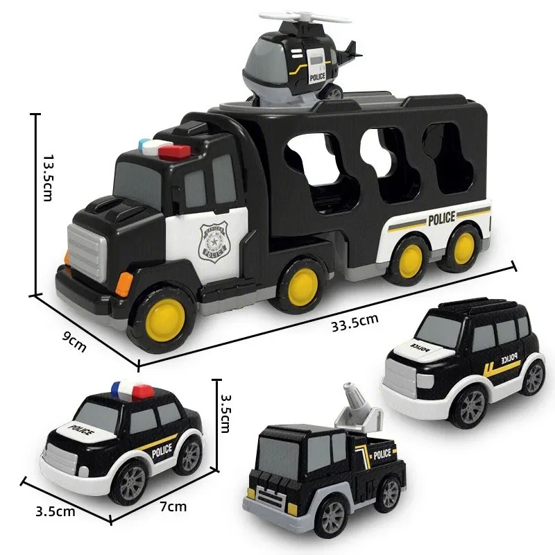 5-in-1-Transportpolizeiauto, doppelter Stauraum mit Musik und Lichtern, Spielzeugauto, kultivieren die Hände und die Gehirnfähigkeit, gute Qualität