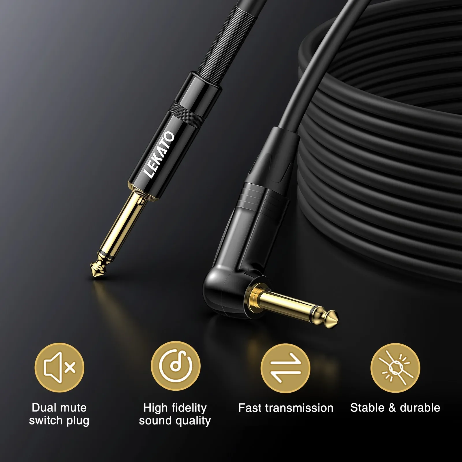 Cabo de instrumento com botão mudo Lekato (10 pés/20 pés) - plugues duplos pop-free, Ra Straight 1/4" para equipamentos de guitarra/baixo