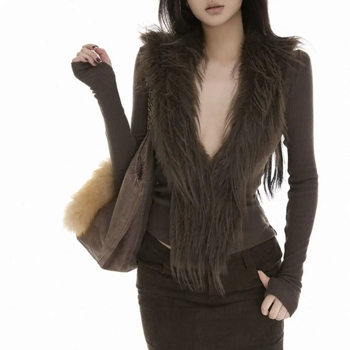 Women Autumn Y2k Aesthetics Patchwork Fluffy T-shirt Harajuku Slim Fit Cropped Tshirts Vintage Sexy Deep V-neck Shirt Tops